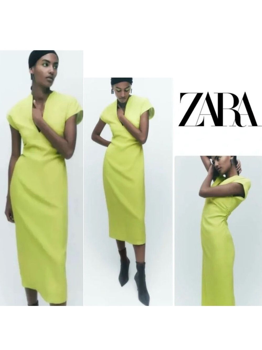 Zara Women's lime green short sleeve V-neck bodycon Cocktail Dress Sz S NWOT